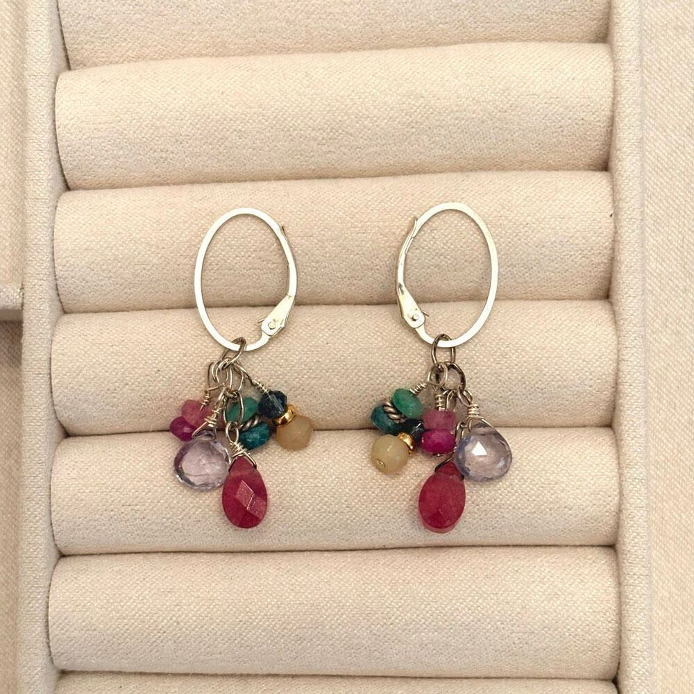 Sterling Silver Semiprecious Cluster Drop Earrings | 1 1/2” Drop